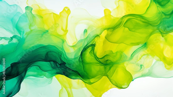Fototapeta Abstract vivid background. Photo of Ink in water. Colorful smoke. Green and yellow smooth paint stains. Backdrop with space for text. Eye-catching background for social media and printing design. 