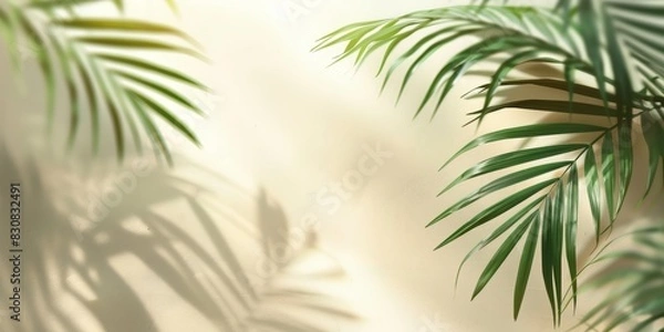 Fototapeta Blurred palm leaf shadows on cream wall