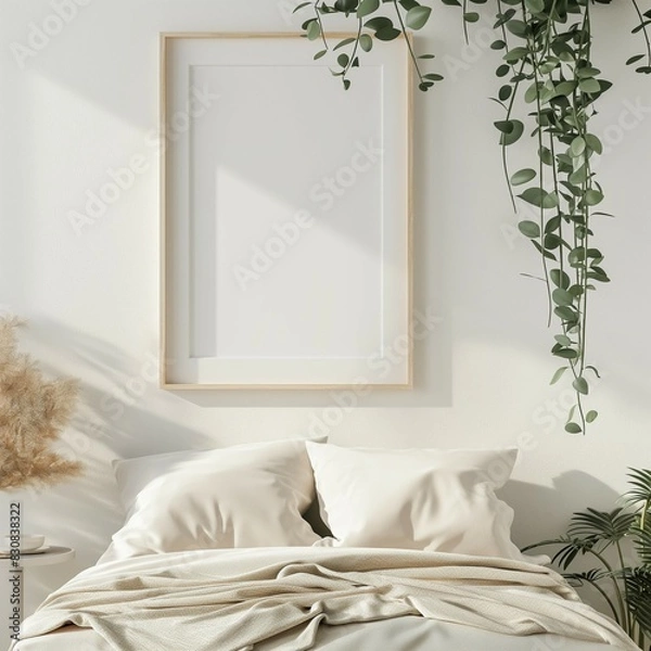 Obraz Frame mockup, modern bedroom home interior, wall poster frame, 3D render