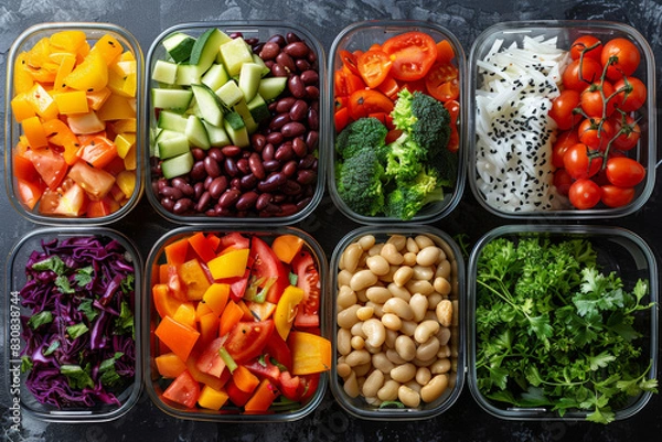 Fototapeta Variety of food containers filled with different meal preparations