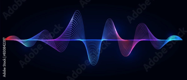 Fototapeta Abstract digital sound wave equalizer particle lines with red, purple, blue gradient on dark background. Design element for music, futuristic technology science decoration. Vector illustration.
