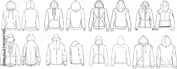 Fototapeta Hoodie jacket design flat sketch Illustration, outerwear and workout in winter, Hooded sweater jacket with front and back view cad drawing template