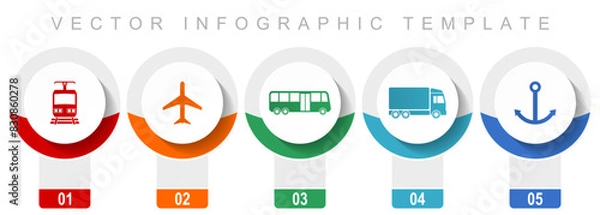 Fototapeta Transport icon set, miscellaneous vector icons such as train, plane, bus, truck and anchor, modern design infographic template, web buttons in 5 color options