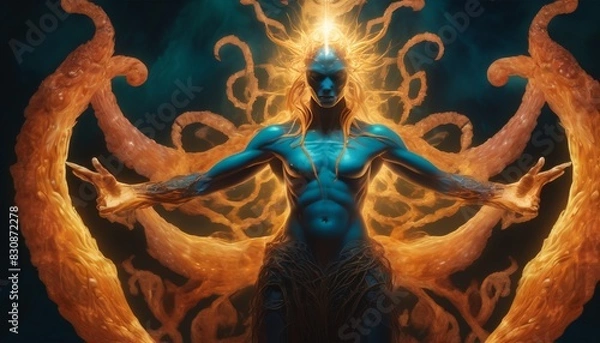 Fototapeta An intense portrayal of a mythical octopus god with a radiant crown and fiery tentacles, set against a dark, mystical backdrop.. AI Generation