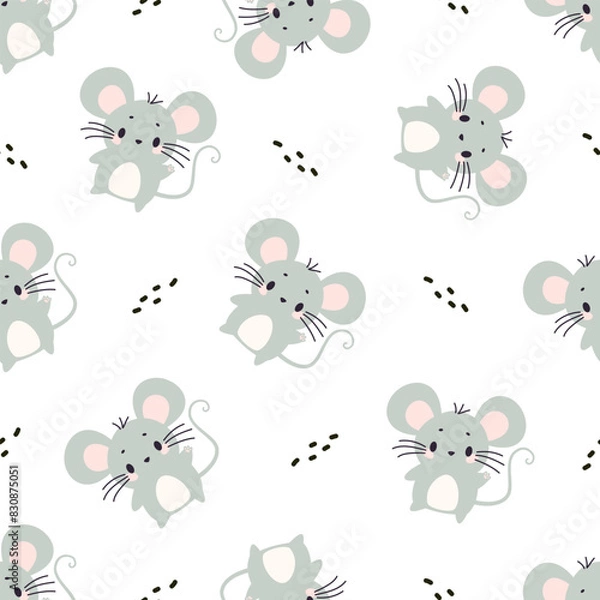 Fototapeta Seamless vector pattern. Cute gray mouse waving his paw, white background, black dots . Vector illustration