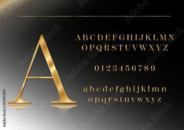 Fototapeta Classic typography vintage shiny yellow gold modern alphabet 3D font style. Set of elegant golden font letters and numbers. Vector text for logos, invitations, posters. Detailed mock up.