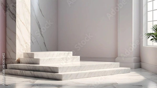 Fototapeta Background podium product display 3D stand platform white marble stone. Product podium background stage cosmetic pastel shadow pedestal mockup, Generative AI