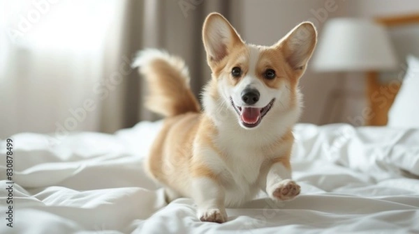 Fototapeta Cheerful Corgi Puppy Running Happily on a Cozy Bedroom Bed