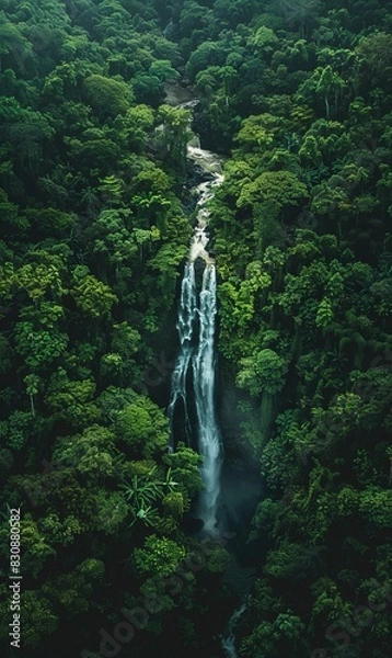 Fototapeta An aerial perspective of a breathtaking waterfall weaving through the dense jungle of Luang Prabang, highlighting the natural splendor of the area, generated with AI
