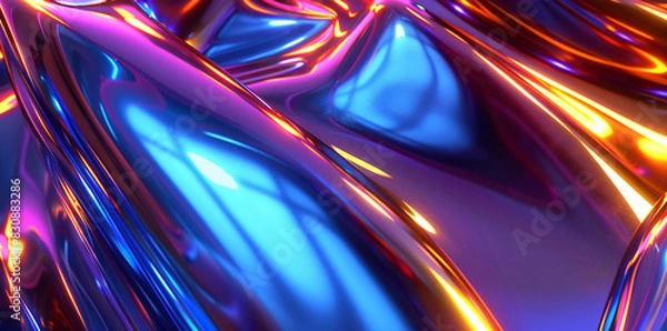 Fototapeta Abstract futuristic background with neon color, shiny metal shapes and glass texture.