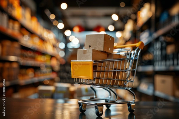 Fototapeta A paper box is in a shopping basket, with the background showing a warehouse