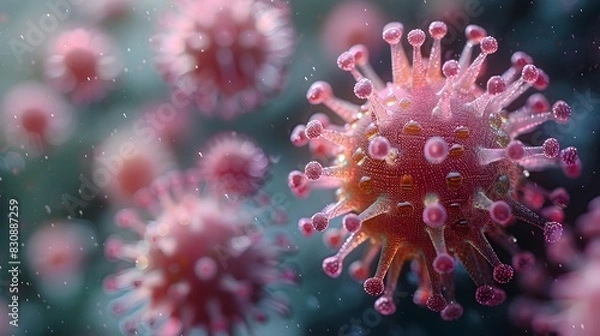 Fototapeta Detailed Microscopic View of Coronavirus Structure Highlighting Global Health Concerns and Scientific Efforts Towards Solutions