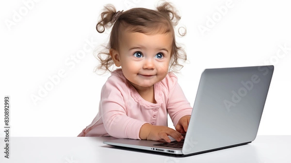 Fototapeta Child uses a laptop, looks at the screen. Types on the keyboard