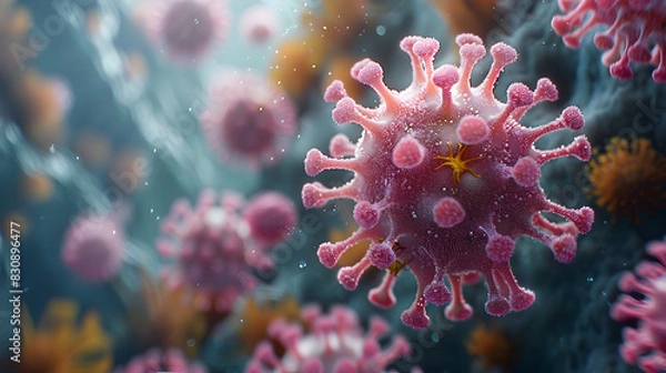 Fototapeta Microscopic View of Coronavirus Structure Amidst Pandemic Outbreak