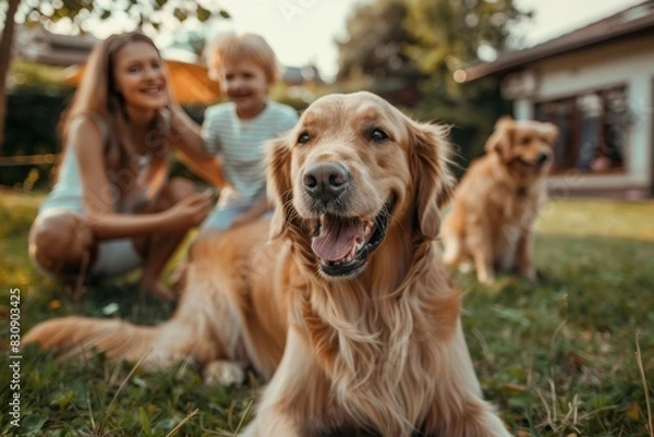 Fototapeta A laughing family and their golden retrievers enjoying time together in the backyard