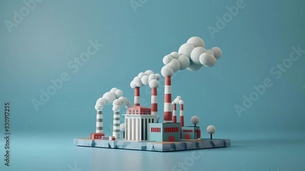 Fototapeta 3D Stylized miniature factory model with smoke stacks and white clouds on a blue background, representing industrialization and pollution.