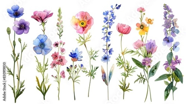 Fototapeta Colorful Assortment of Delicate Wildflowers and Botanical Blooms in Watercolor Style for Floral Design Nature Inspired Backgrounds and Botanical