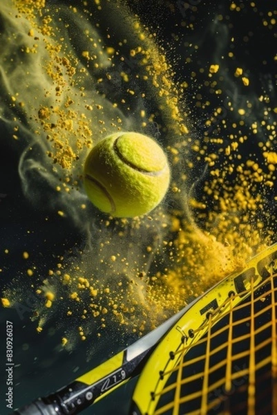 Fototapeta Macro detail of a yellow tennis ball hitting a racket, yellow powder, generated with AI