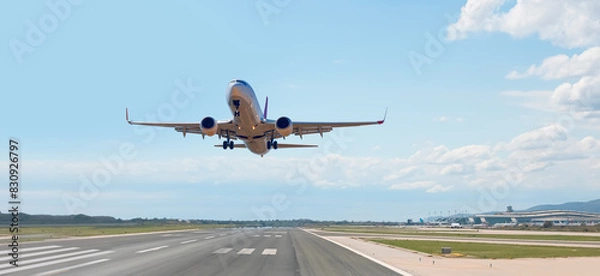 Obraz White Passenger plane fly up over take-off runway from airport - Barcelona, Spain