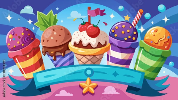 Fototapeta Assorted ice cream cones with a festive ribbon and stars on a dreamy purple background. Elegant display of colorful ice cream cones, perfect for a dessert menu. Cartoon ice cream cones