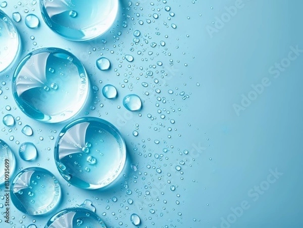 Fototapeta Hydrating gels on a plain blue background with water droplets
