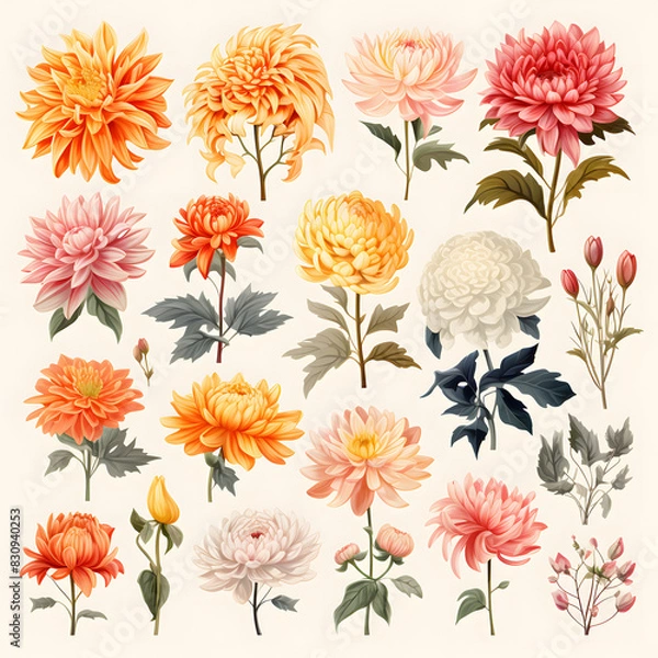 Fototapeta set of Chrysanthemum, plants, leaves and flowers.  illustrations of beautiful realistic flowers for background, pattern or wedding invitations