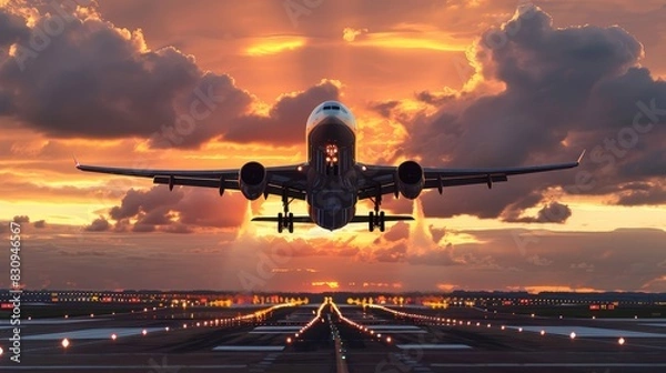 Obraz A sleek modern airplane taking off against a dramatic sunset sky, with clouds and runway lights visible, with copy space.