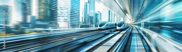 Obraz A futuristic high-speed train traveling through a modern urban landscape, with sleek buildings and dynamic motion blur, with copy space.