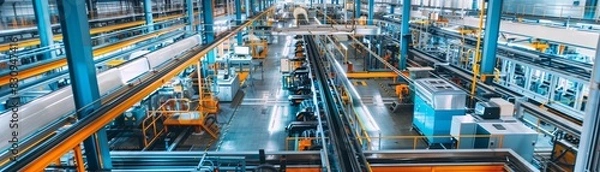 Fototapeta A detailed shot of a modern factory interior with advanced machinery and automated production lines, with copy space.