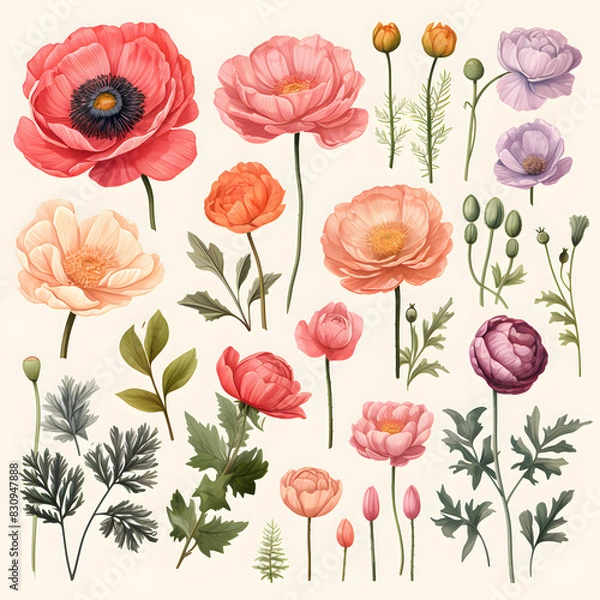 Obraz set of Ranunculus, plants, leaves and flowers. illustrations of beautiful realistic flowers for background, pattern or wedding invitations