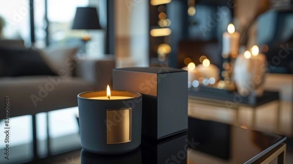 Fototapeta A high-resolution image of luxury candle packaging with a sophisticated design, featuring a matte black box and gold foil lettering, with copy space.