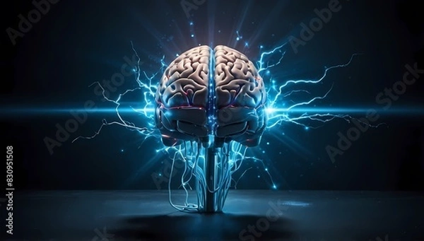 Obraz A brain with electric currents, 3D brain, A brain with lightning currents of electricity.