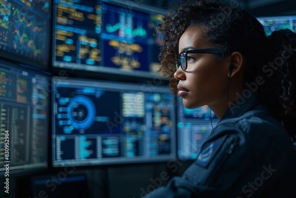 Obraz A focused professional is monitoring screens in a high-tech control room with complex data displays