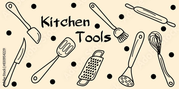 Fototapeta Doodle set Kitchen utensil: wire whisk, spatula, rolling pin, gratter, busting brush, metal turner editable stroke. Vector hand drawn illustration in black, beige colors. Isolated on beige background	