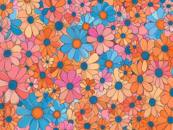 Fototapeta Ai Generated Art of Abstract Pink Blue Orange Watercolor Groovy Floral 70s 60s Background