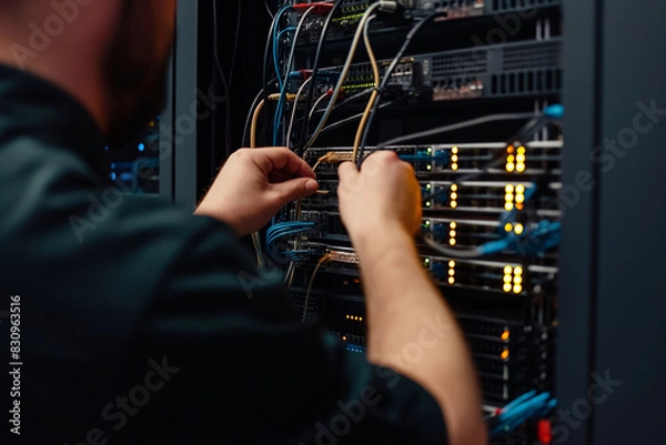 Fototapeta Side view of a man connecting wires in server cabinet with copy space