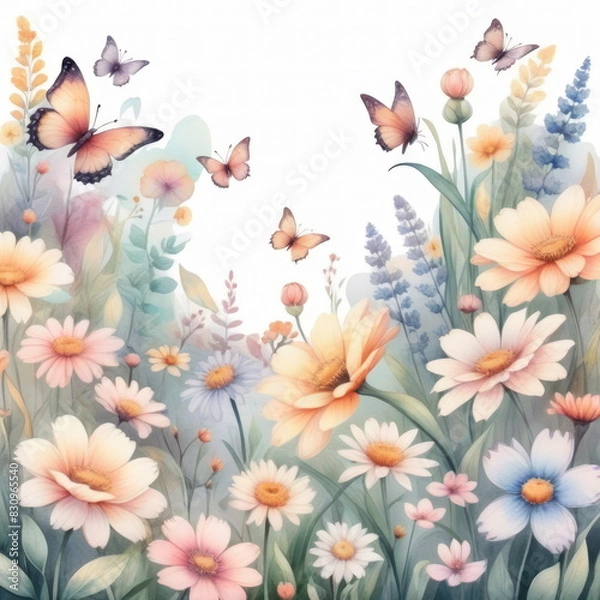 Fototapeta Butterflies of various colors fly over a vibrant garden filled with blooming flowers in the soft light