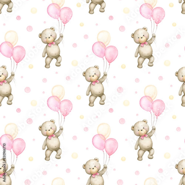 Fototapeta Teddy bear with pink balloons. Watercolor hand painted seamless pattern for baby.