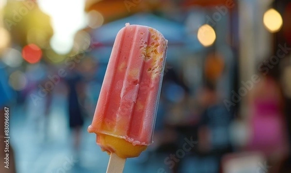 Fototapeta A cold popsicle or ice cream cone on a hot day is a refreshing and pleasant treat.