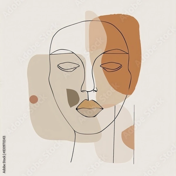 Fototapeta Dreamy Minimalist Face: Earthy Colors, Bold Line Art, Small Shapes, Cute Design, Double Lines, Loose Forms