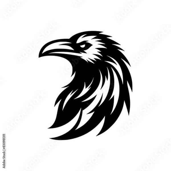 Fototapeta Vector logo of a raven head isolated on a white background. black and white illustration of a crow head for a tattoo.