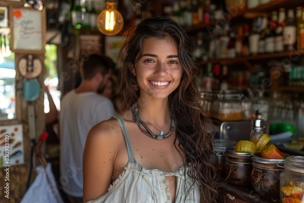 Fototapeta Woman with a bright smile serving at a tropical bar, with colorful background enhancing the vacation vibe