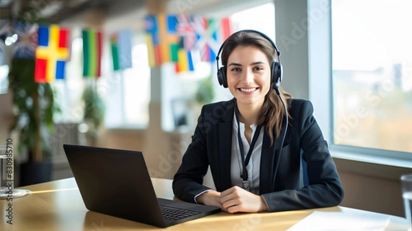 Obraz Beautiful smiling female operator providing support in multiple languages, wearing a headset with microphone, sitting at her desk with a laptop, international flags behind her.