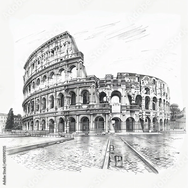Fototapeta Black and white sketch of the Colosseum in Rome with white background