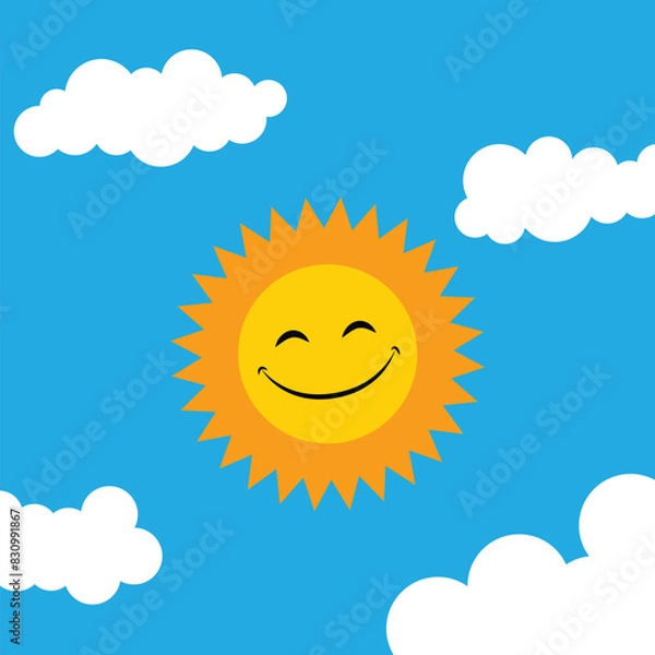 Fototapeta smiling sun with clouds isolated on Blue background.