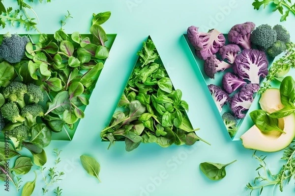 Fototapeta a group of vegetables in a triangular shape on a colored paper background. Aesthetics food photo