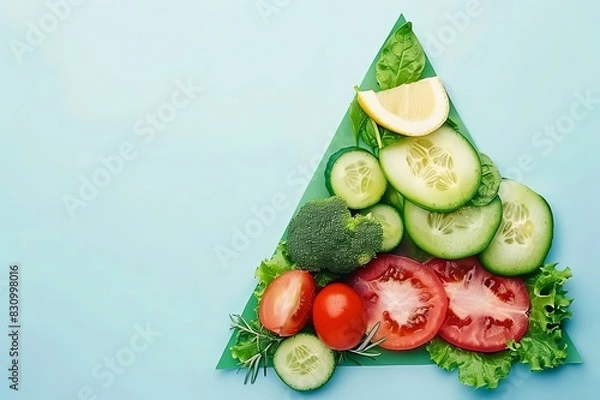 Fototapeta a group of vegetables in a triangular shape on a colored paper background. Aesthetics food photo