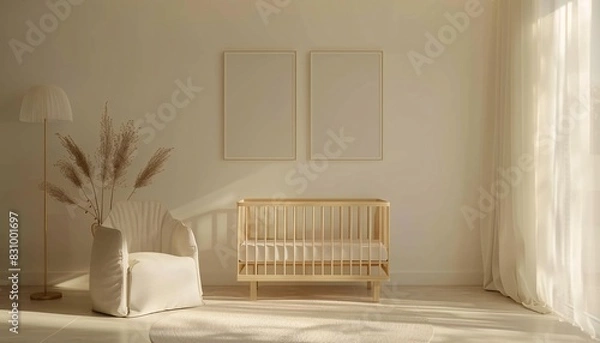 Fototapeta Front view of modern minimalist nursery room with two wall mockup frames