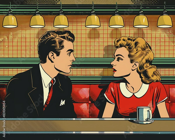 Fototapeta Retro Couple Conversing in Diner Booth