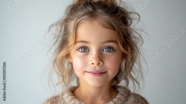 Fototapeta Professional studio photo portrait of a cute little girl, lovely kid with naive face, adorable baby, a child with a emotional expression, widescreen 16:9